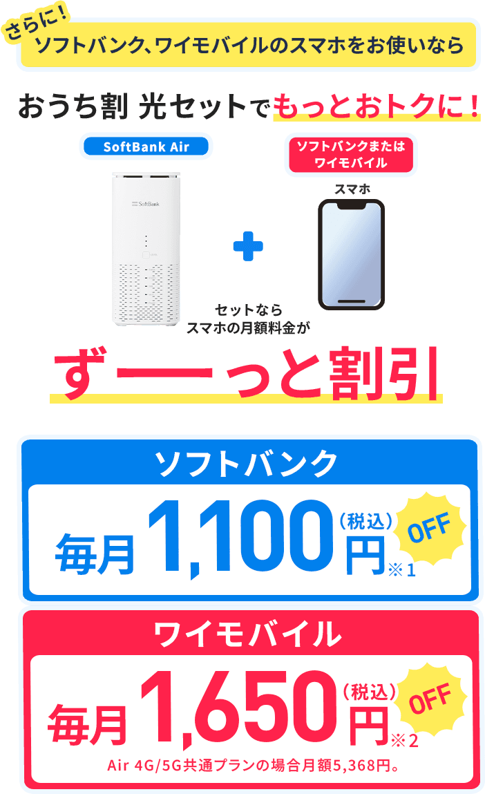 さらに!ソフトバンク、ワイモバイルのスマホをお使いなら おうち割 光セットでもっとおトクに!