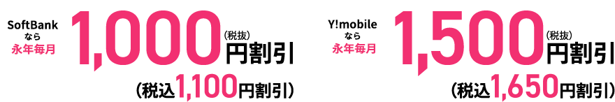 SoftBankなら携帯料金から1人あたり永年毎月最大税込1,100円割引　Y!mobileなら携帯料金から1人あたり永年毎月最大1,500円（税込1,650円）割引